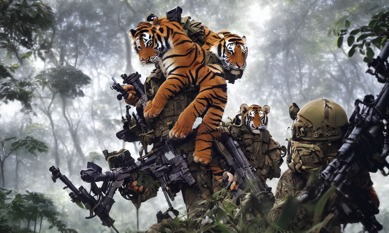 Three tigers in tactical gear with firearms patrolling jungle