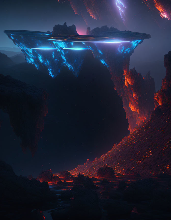Futuristic hovering spacecraft over rugged, glowing landscape