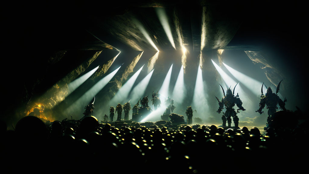 Silhouetted figures in armor under dramatic light beams