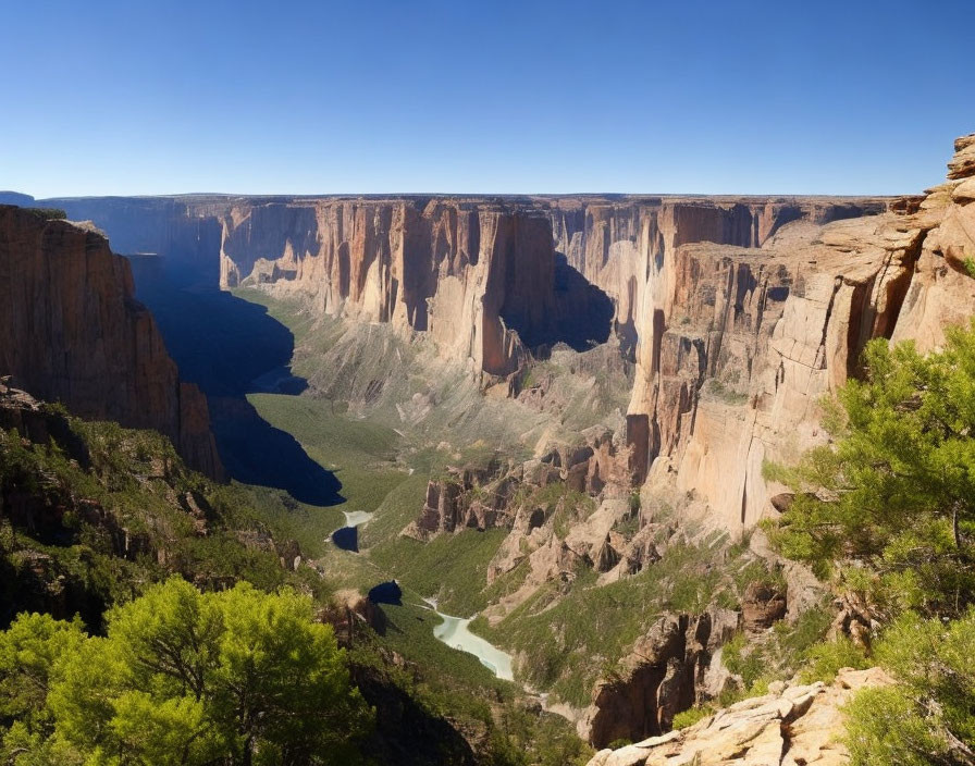 Vast Canyon with Steep Walls and Winding River in Panoramic View