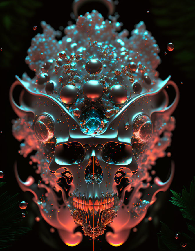 Surreal digital artwork: Glowing skull with intricate decorations and floating orbs on dark botanical backdrop