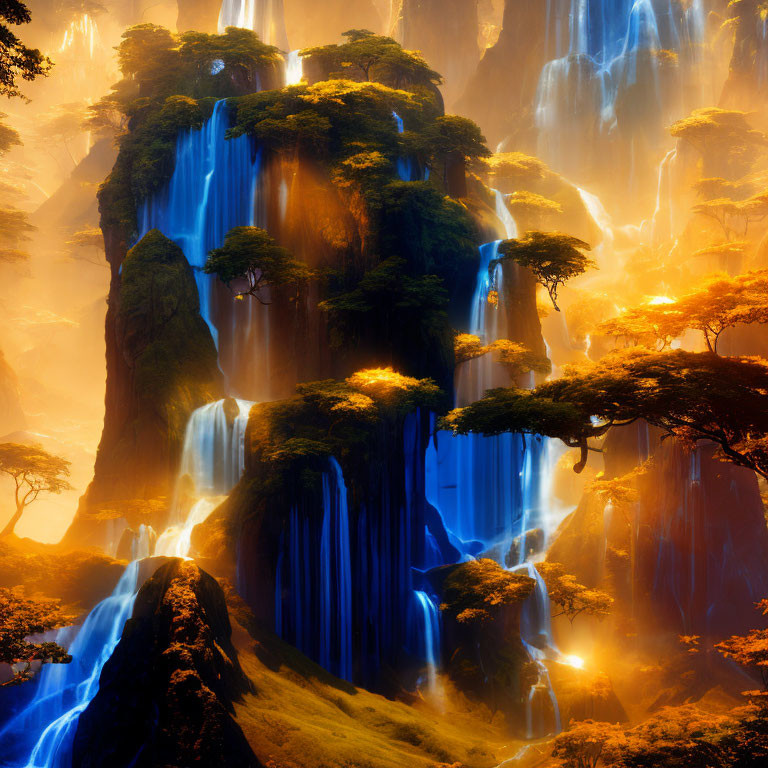 Ethereal landscape with cascading waterfalls on towering cliffs
