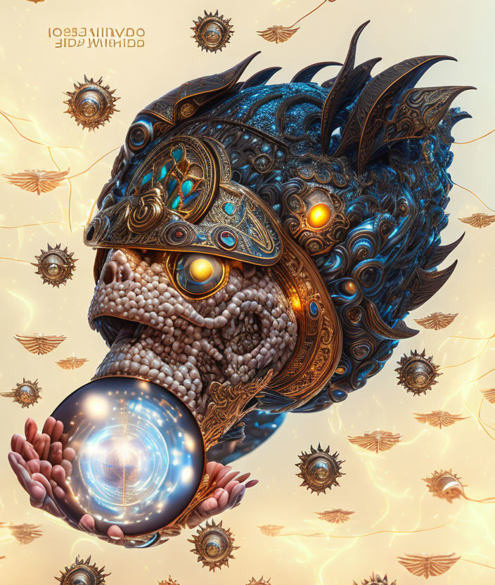 Fantastical creature digital artwork with glowing orb and golden emblems