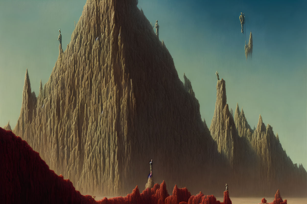 Surreal landscape with towering peaks and floating rocks under crimson sky
