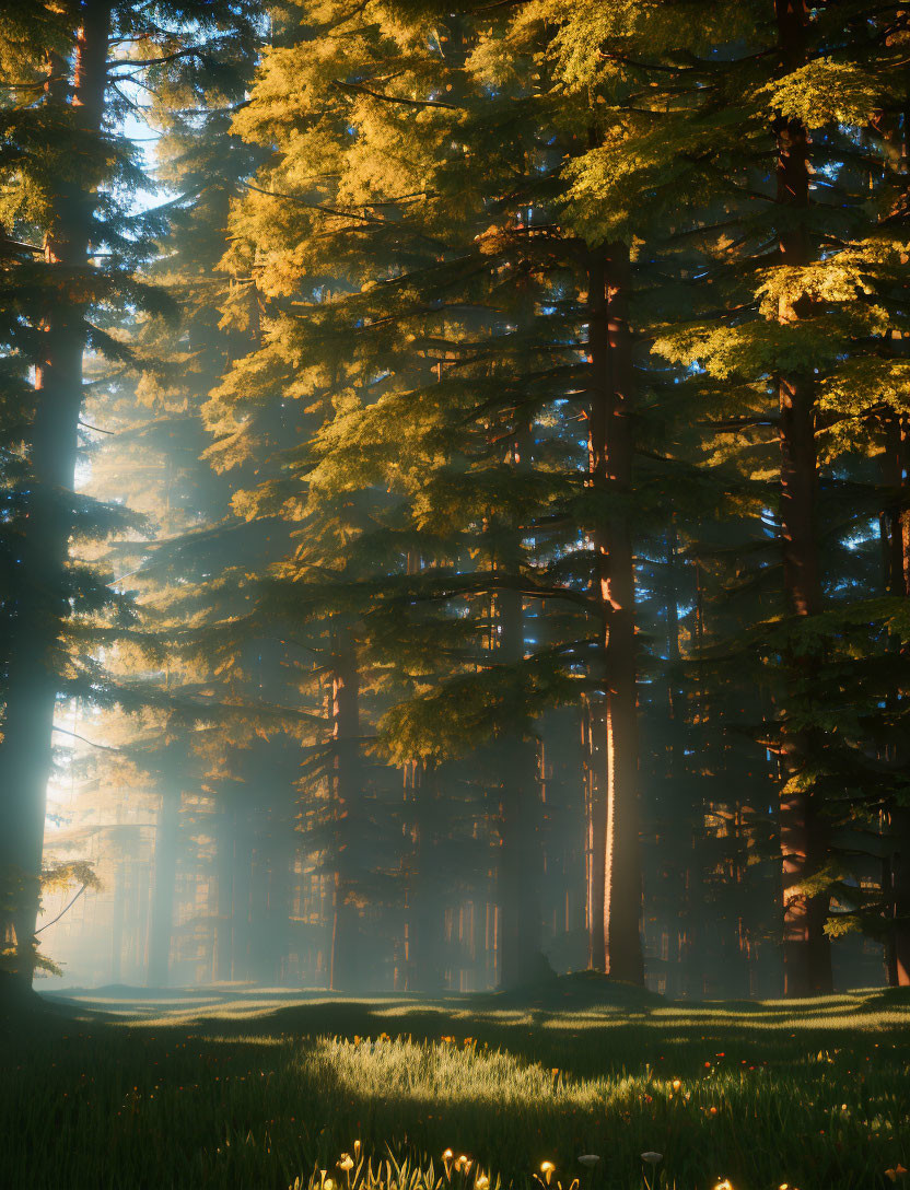 Sunlight filtering through dense forest, illuminating towering trees.