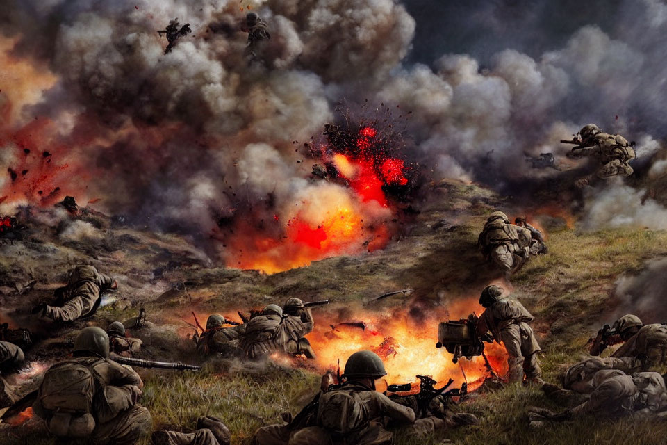 Military soldiers in combat amidst gunfire, explosions, and chaos on a battlefield