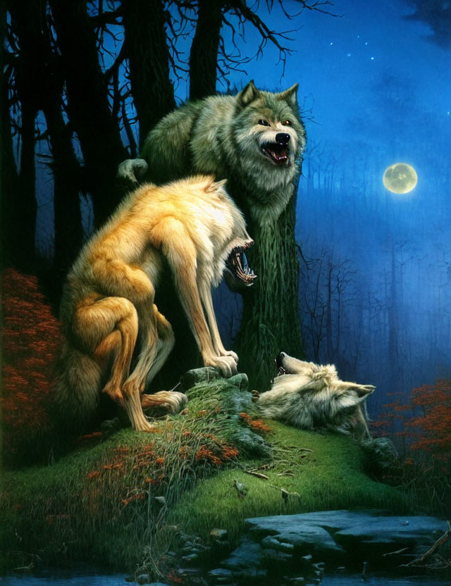 Two wolves in moonlit forest: one howling on rock, one resting by trees