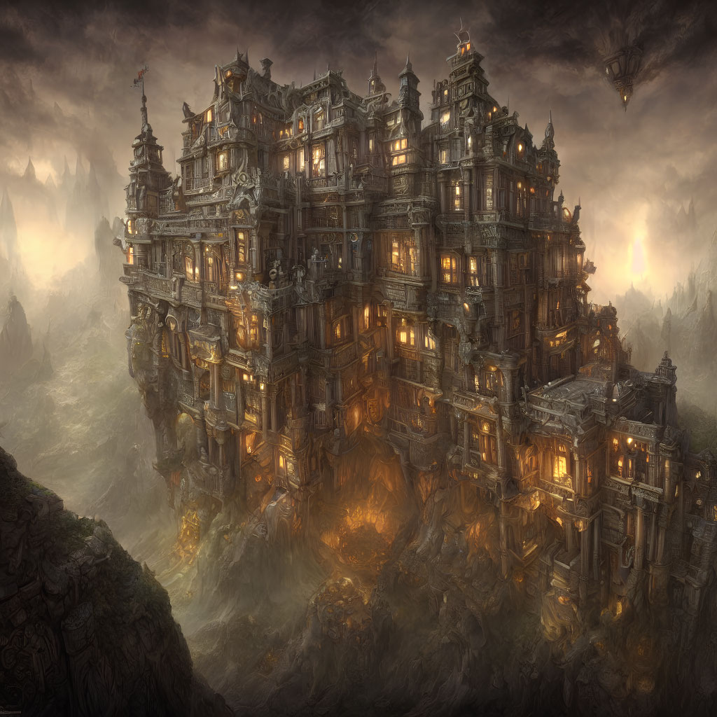 Fantasy castle on rocky outcrop in misty landscape