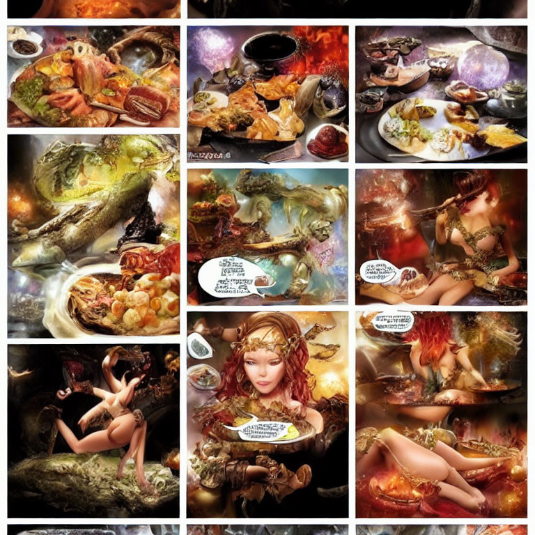 Fantasy-themed artwork of a woman at a lavish feast in a mystical setting