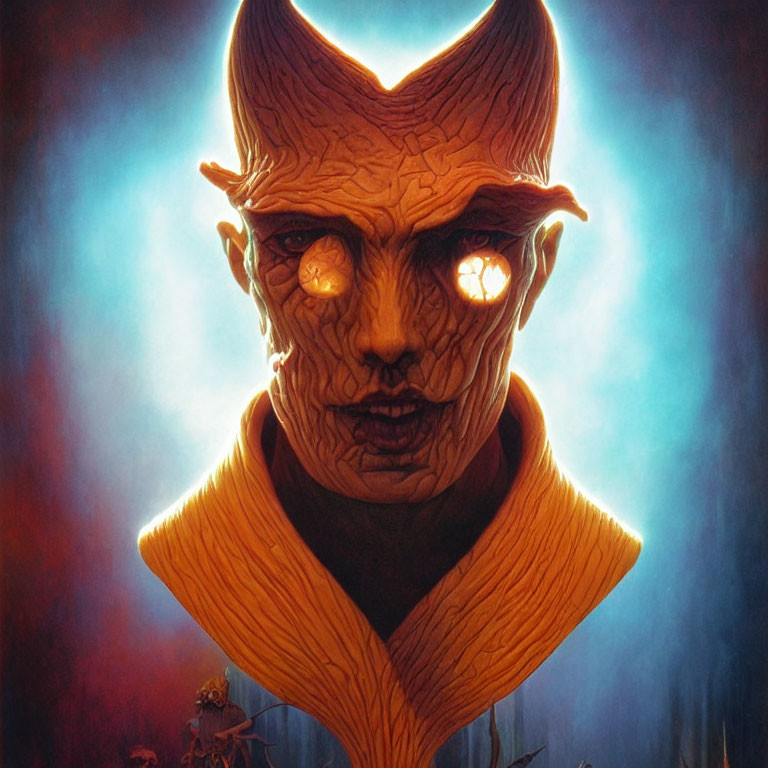 Illustration of demonic figure with glowing eyes in yellow garment on blue and red backdrop