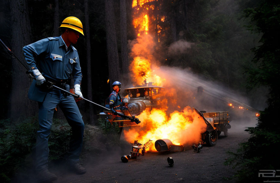 Firefighters in protective gear combat vehicle fire in forest with hose.
