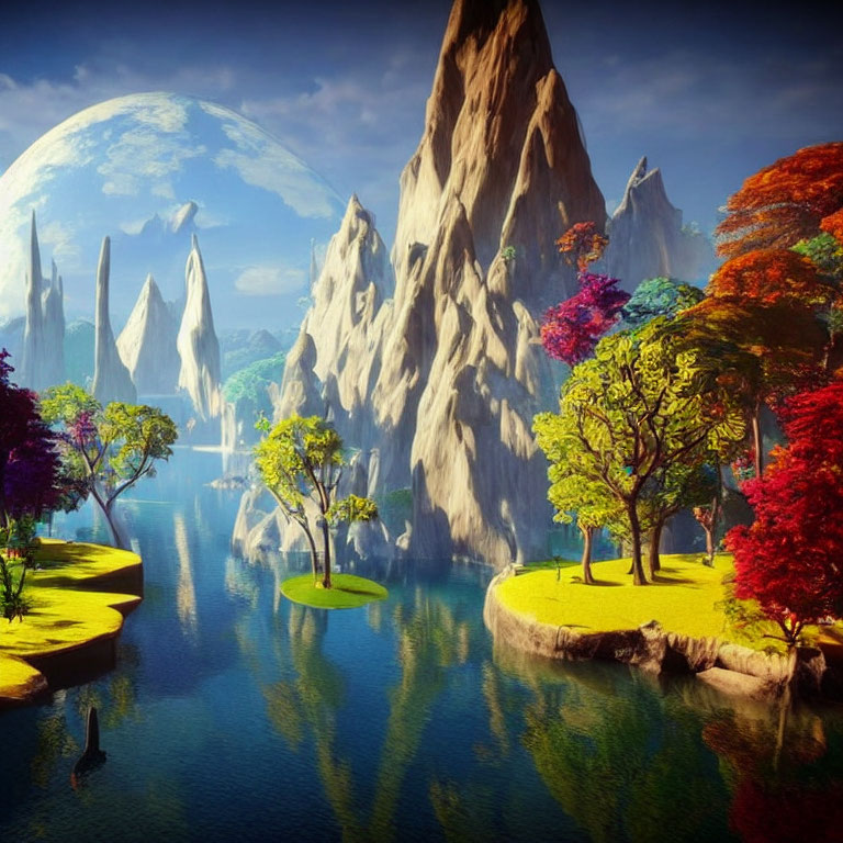 Colorful Trees on Floating Islands in Otherworldly Landscape