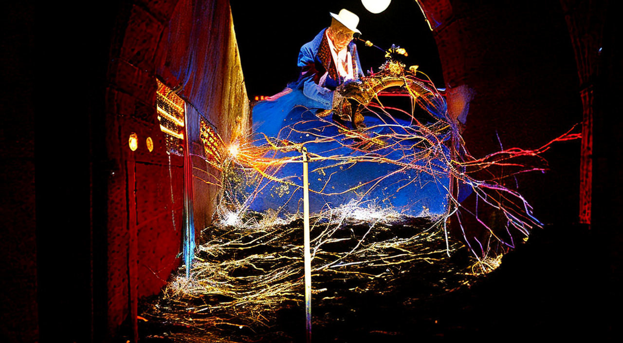 Cowboy hat figure in electrifying light on dark platform