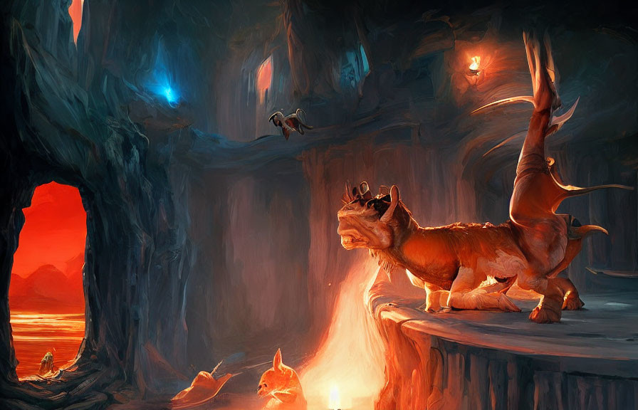 Orange-striped creature with horns in mystical fiery cave