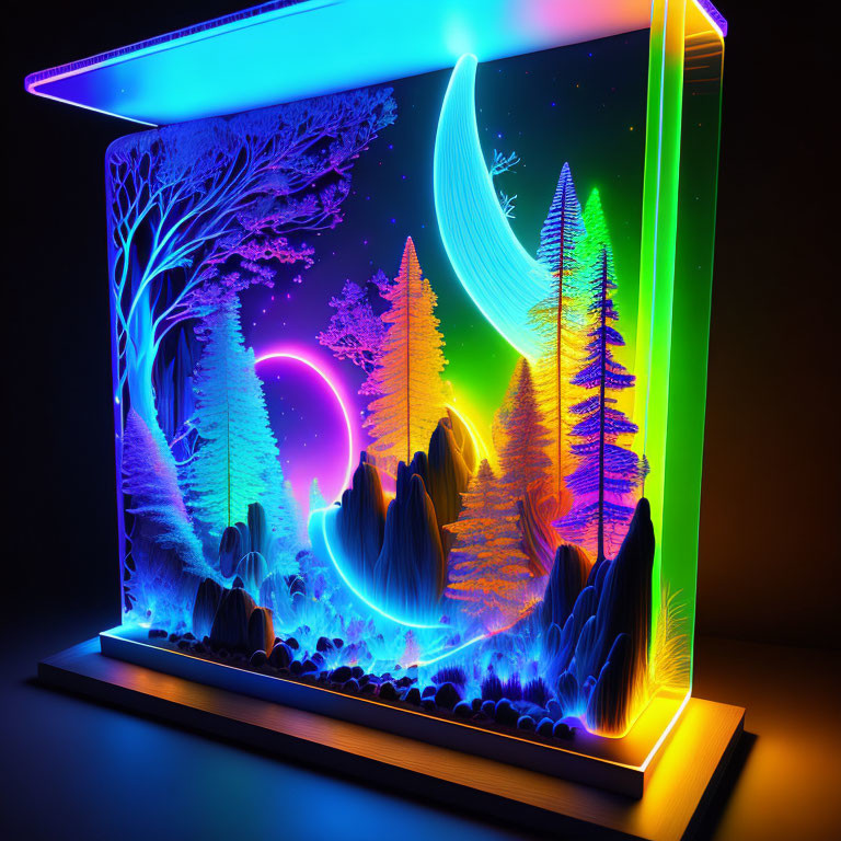 Neon-lit miniature forest diorama with glowing trees and crescent moon