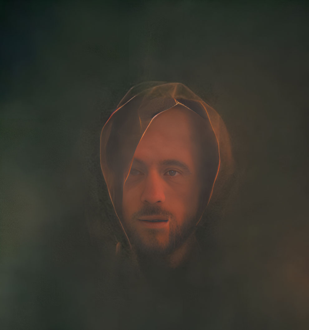 Bearded Man in Hood with Dark Aura and Warm Light