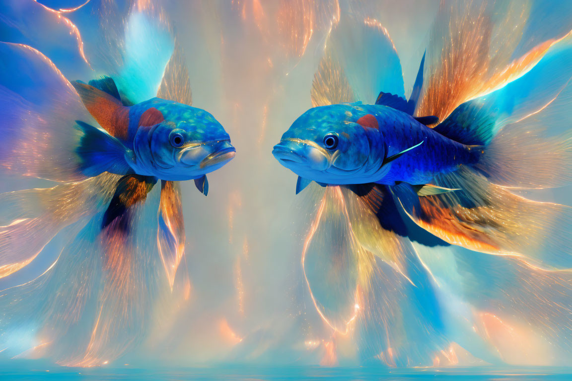 Colorful Blue and Orange Fish Swimming in Soft Blue Background