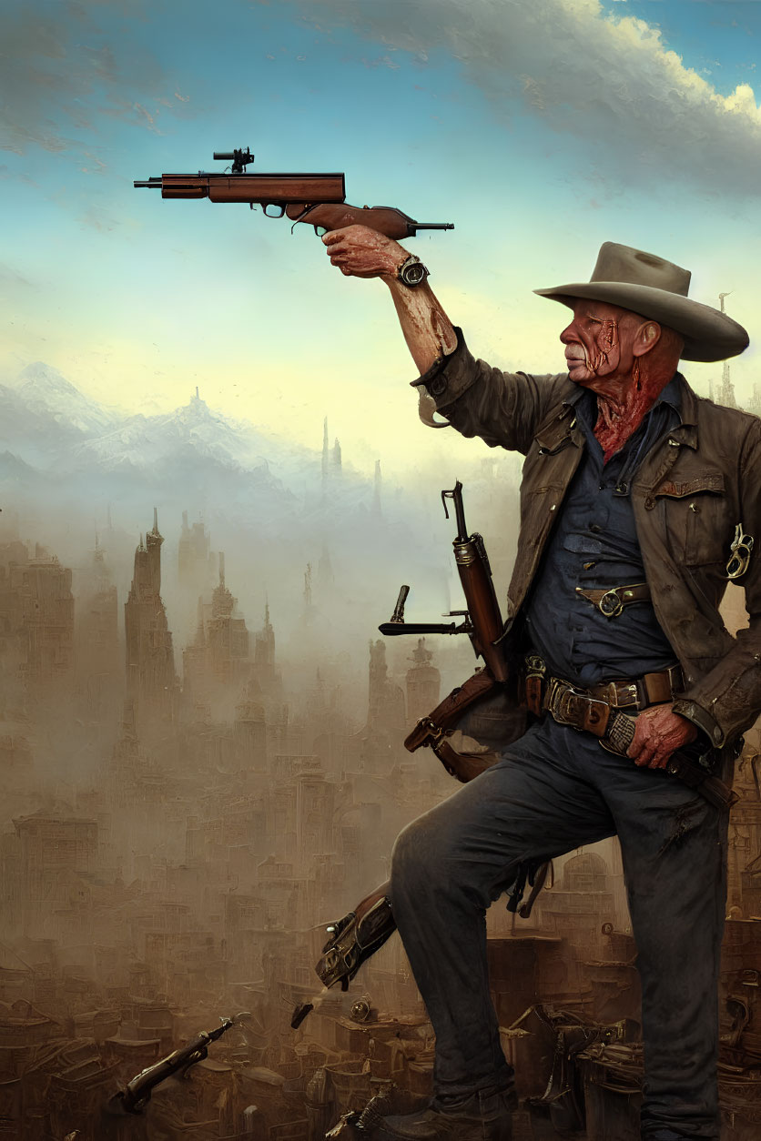 Cowboy in hat and duster coat holding rifles against city skyline.