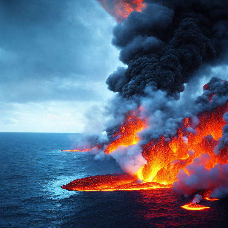 Volcanic eruption at dusk: lava flowing into the sea
