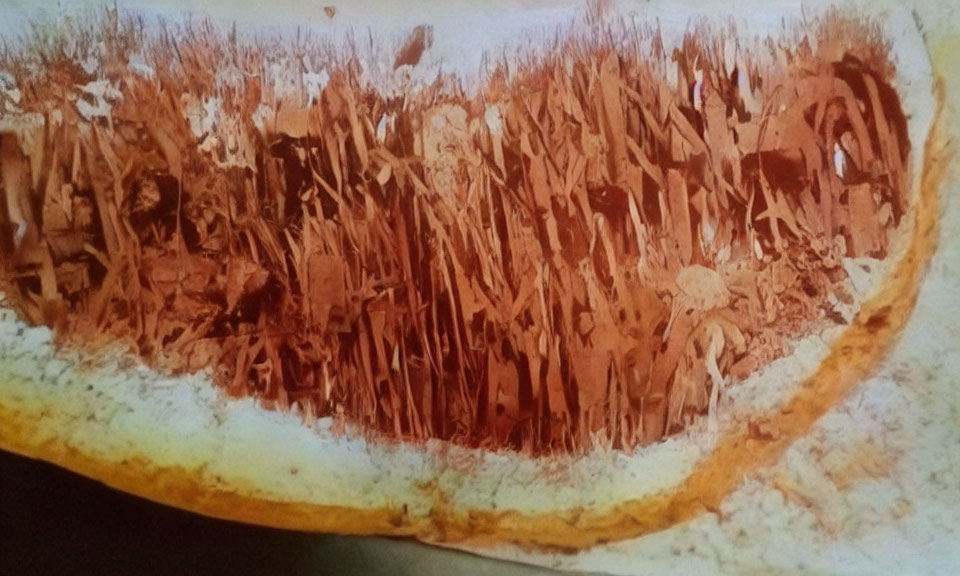 Detailed view of cut open butternut squash showing fibrous flesh and seeds.