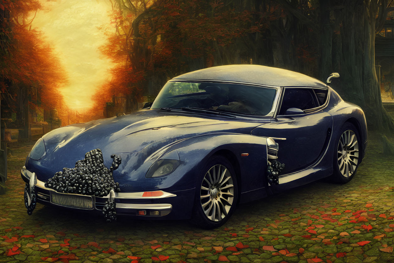 Shiny Blue Classic Sports Car Parked in Autumn Setting