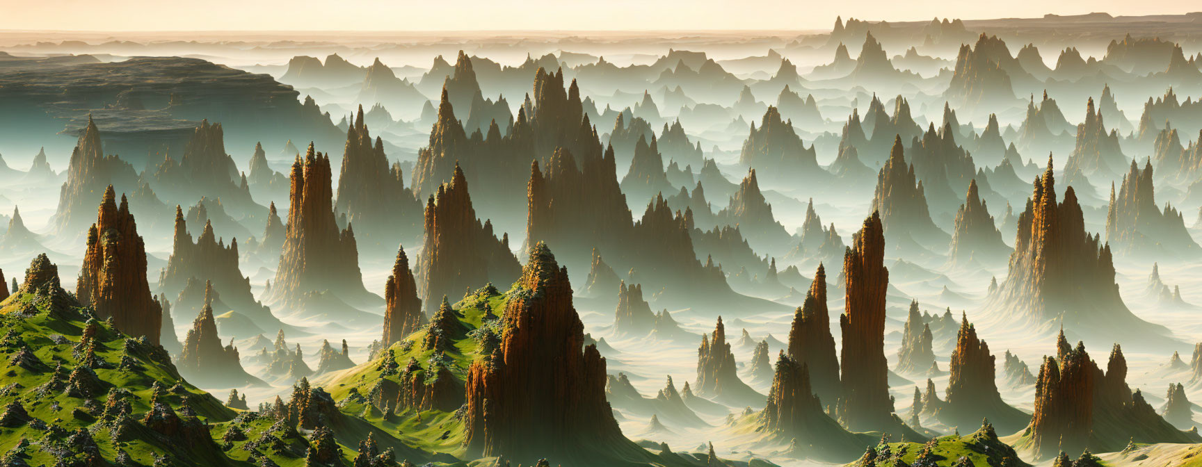 Majestic moss-covered rock formations in morning mist