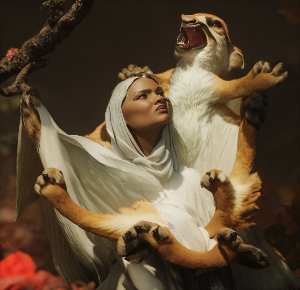 Woman in white garment gazes at roaring lion in warm autumn setting