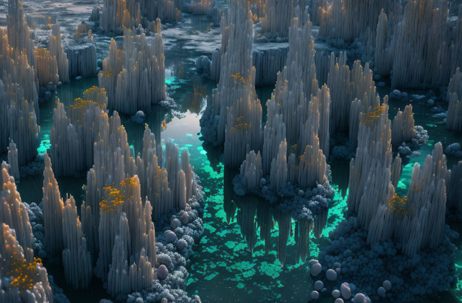 Surreal landscape with towering coral-like formations and glowing turquoise pool