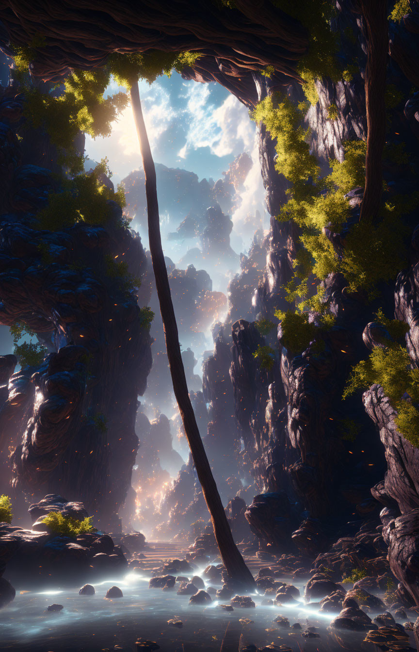 Tranquil forest landscape with sunlight, misty stream, cliffs, and greenery