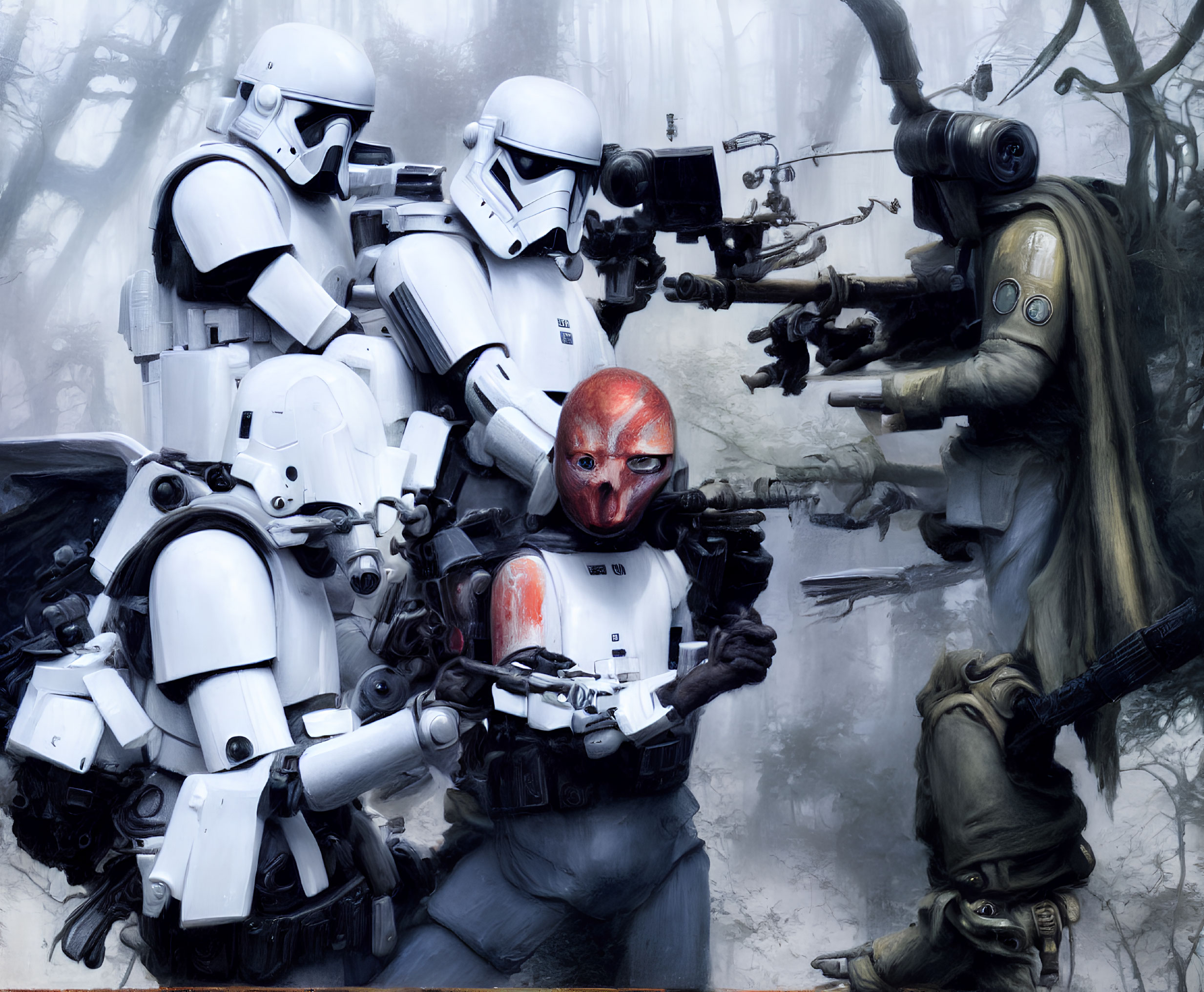 Futuristic stormtroopers capture red-faced alien in misty forest