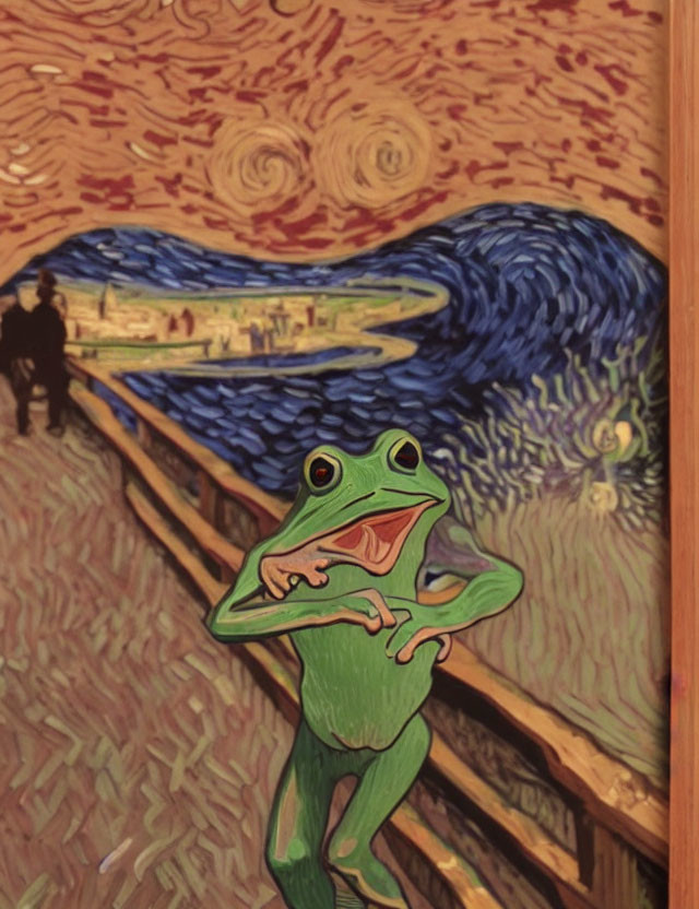 Frog in foreground with Van Gogh-style starry sky & landscape