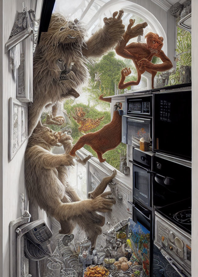 Hairy humanoid creatures causing chaos in a kitchen