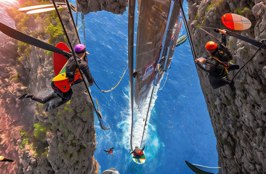 Colorful Kayakers in Narrow River Canyon with Crystal-Clear Waters
