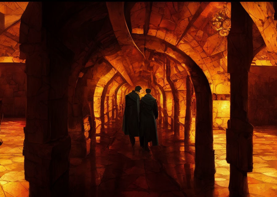 Cloaked Figures Walking Through Torch-Lit Stone Corridor