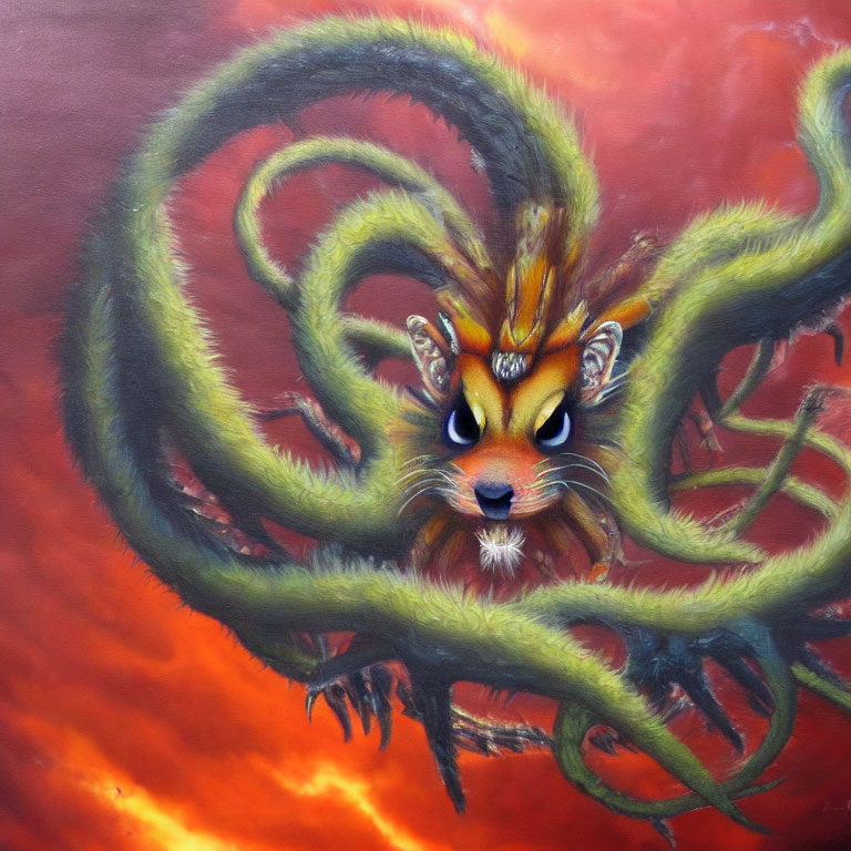 Vivid painting of mythical creature with serpentine tails on fiery red background