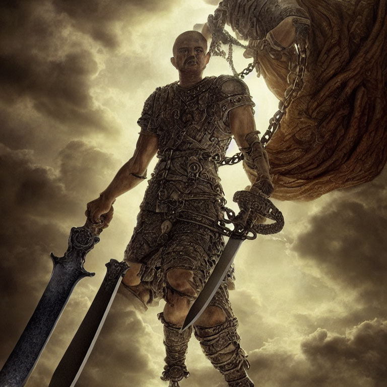 Menacing warrior in ancient armor wields swords under stormy sky