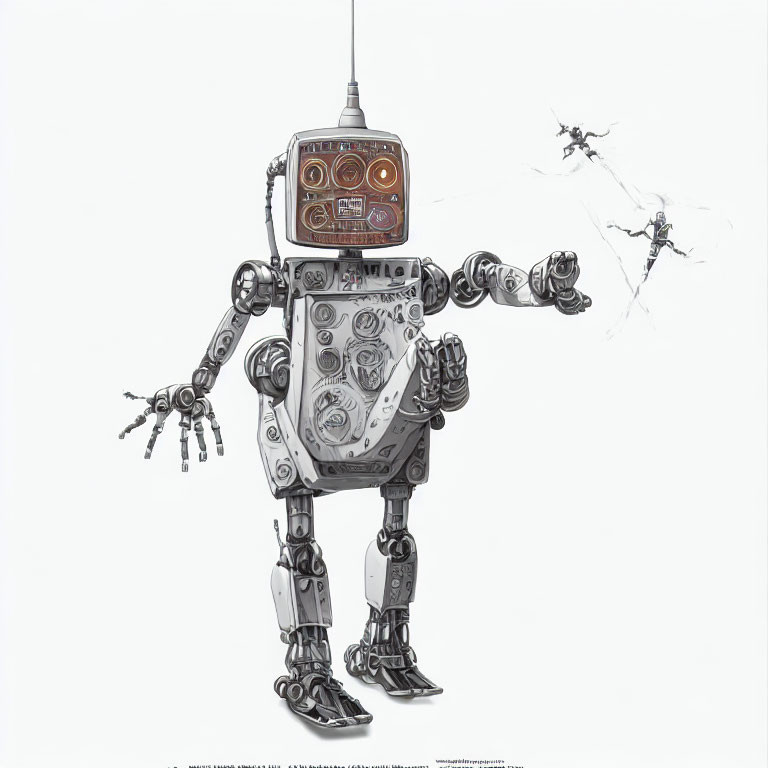 Vintage-style robot illustration with boxy upper body, radio-head, dangling arms, and floating appearance.