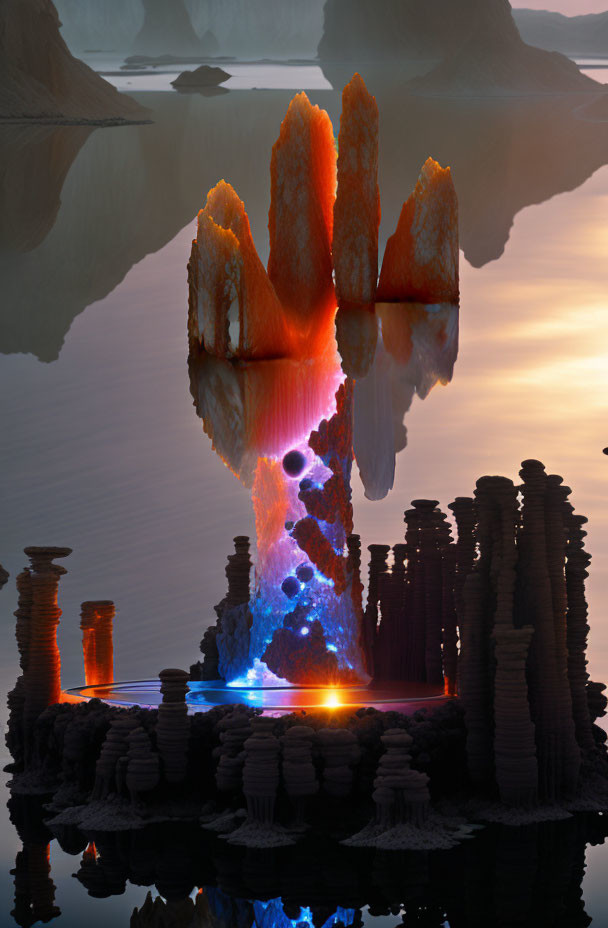 Surreal landscape with tall orange rock formations and glowing rift