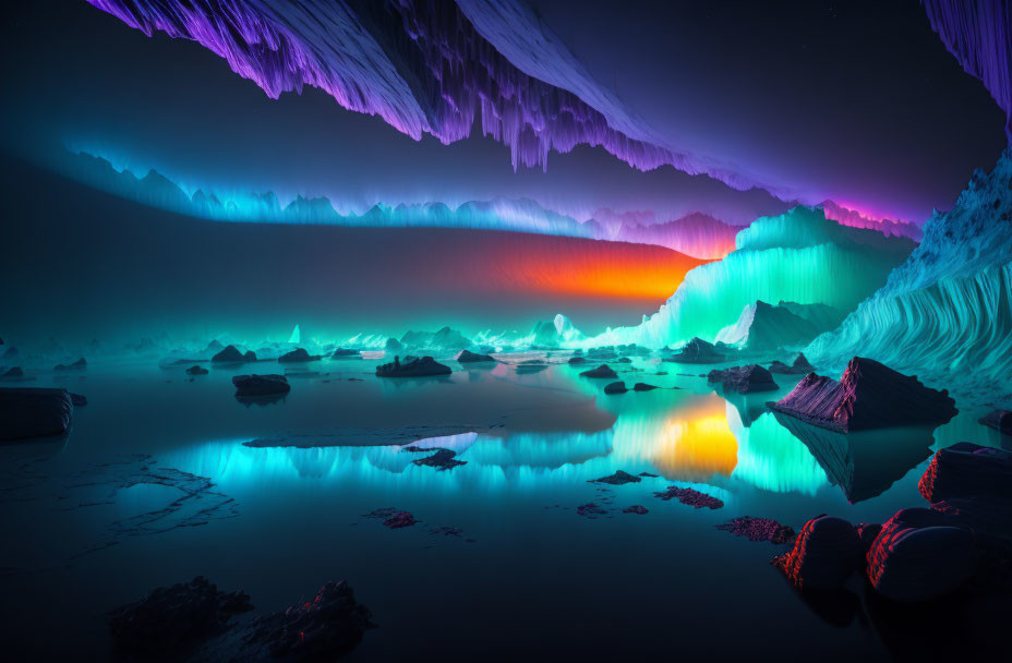 Colorful Cave Scene with Iridescent Water and Ice Formations
