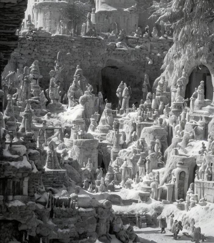 Winter Scene with Ice Sculptures and Snow-Covered Figures in Icy Terrain