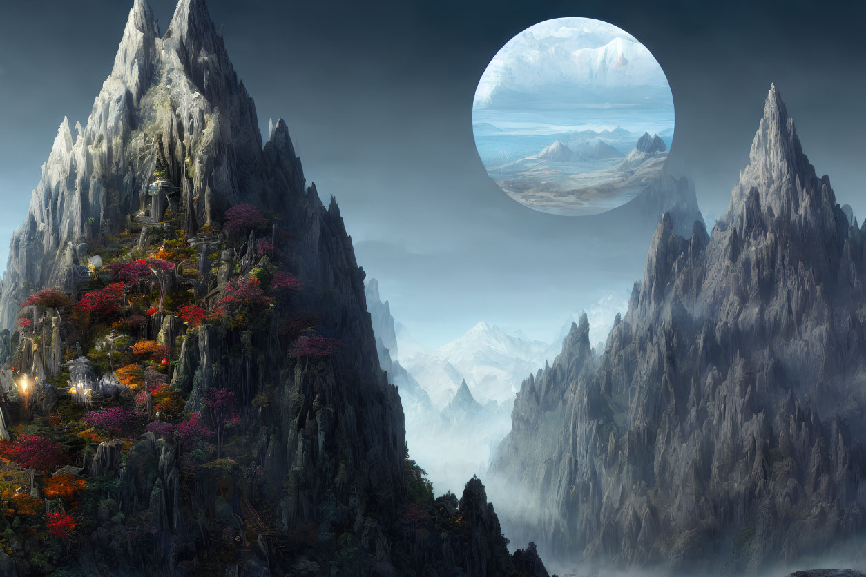 Mystical mountain landscape with illuminated settlements, vibrant trees, fog, and a large moon.