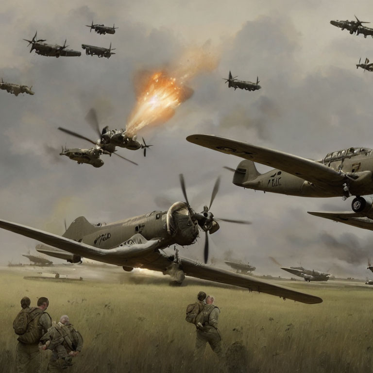 Aerial combat scene during World War II with burning aircraft and soldiers on ground in bleak landscape
