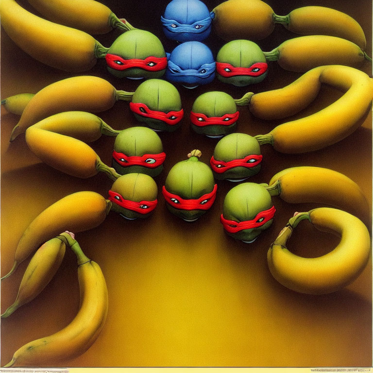Cartoon Turtles with Red and Blue Masks Surrounded by Yellow Bananas