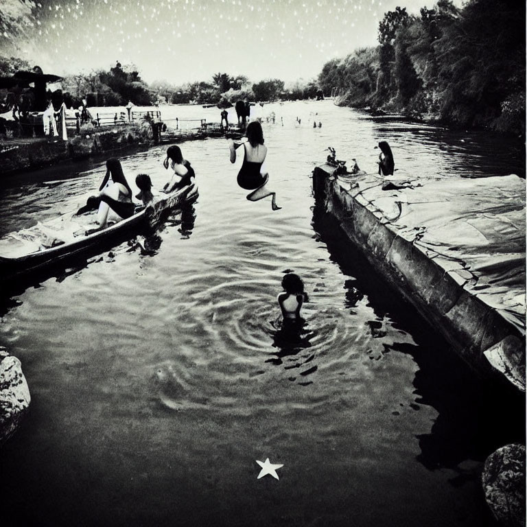 Monochrome image of people by tranquil river with trees and star emblem