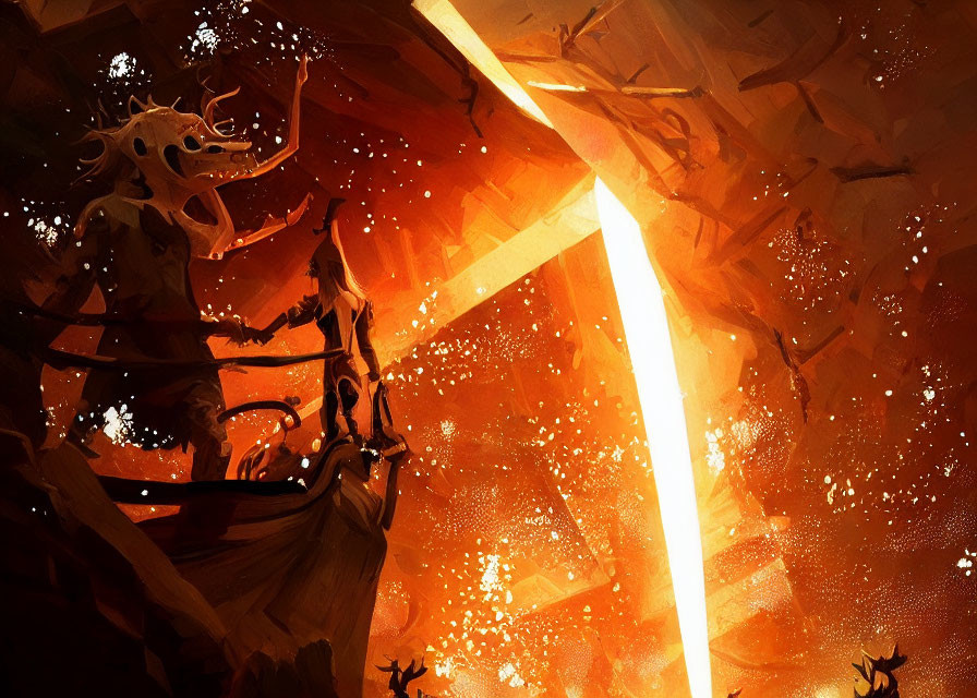 Warrior and dragon in fiery fantasy battle with glowing sword