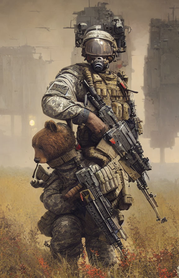 Soldier in camouflage gear with bear toy, holding rifle in war-torn setting