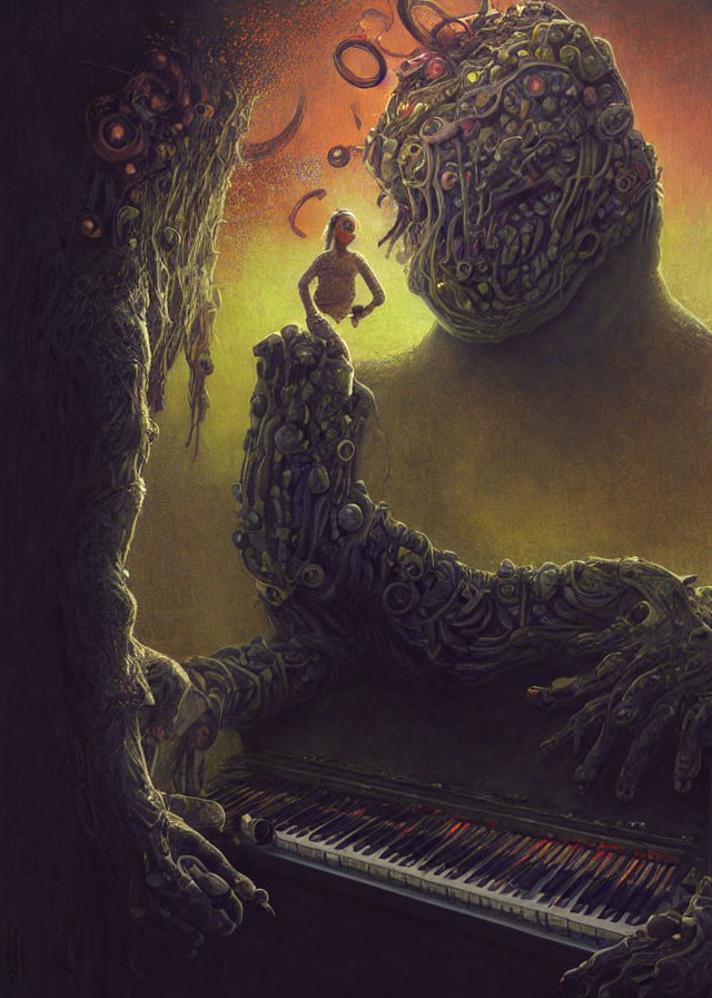 Surreal creature with multiple eyes playing piano in dimly-lit scene