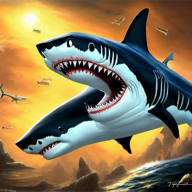 Large shark with open mouth in digital artwork against sunset backdrop