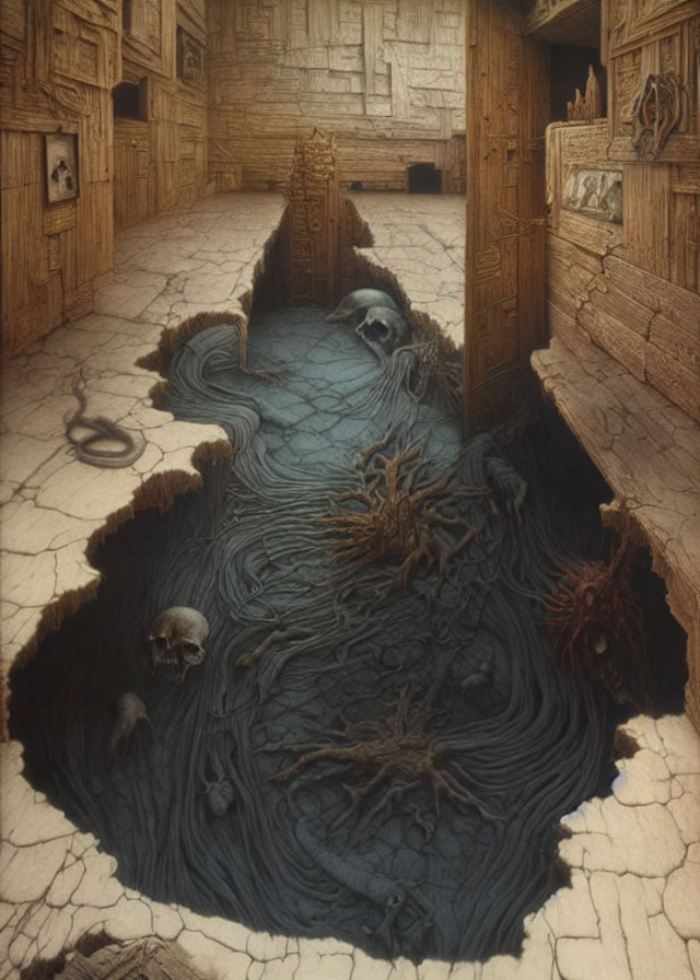 Surreal artwork of room with wood-panel walls, gaping hole, tangled roots, and submerged skulls