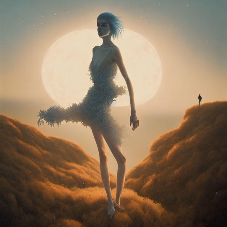 Giant ethereal woman in feathered dress under large moon in surreal landscape